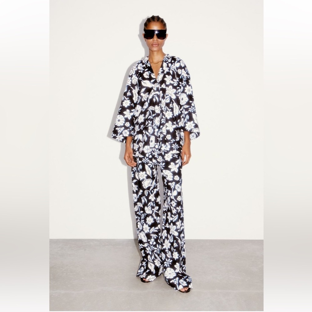 Zara suit floral linen blend set top S pants L resort wedding guest beach casual